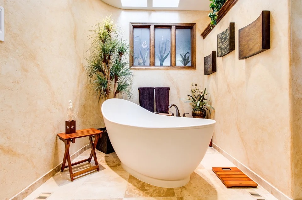 a photo of a beautiful bathroom with a stand alone bath tub